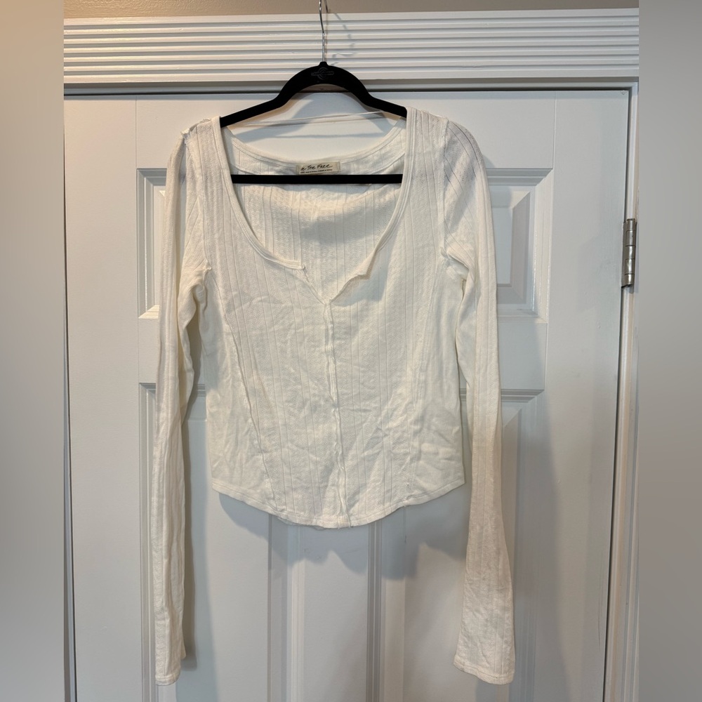 Free People White Ribbed Long-Sleeve Scoop Top